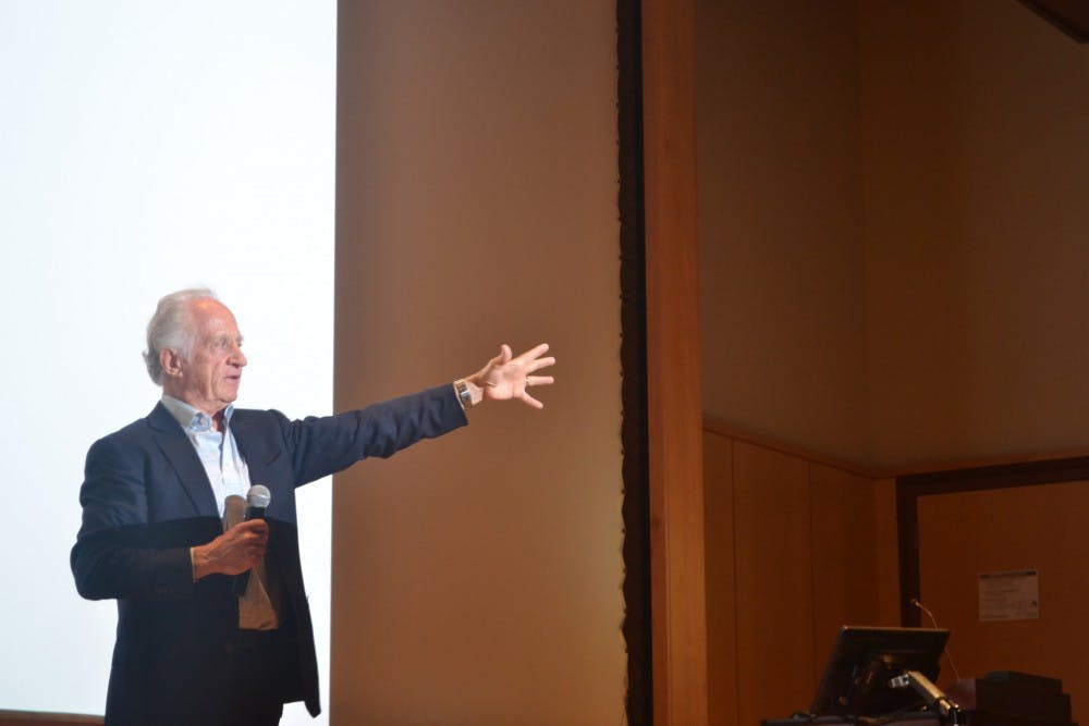 Dr. Mario Capecchi, a 2007 Nobel prize winner in Physiology/Medicine, speaks about his research at the 7th Annual Oliver Smithies Nobel Symposium on Tuesday afternoon. 