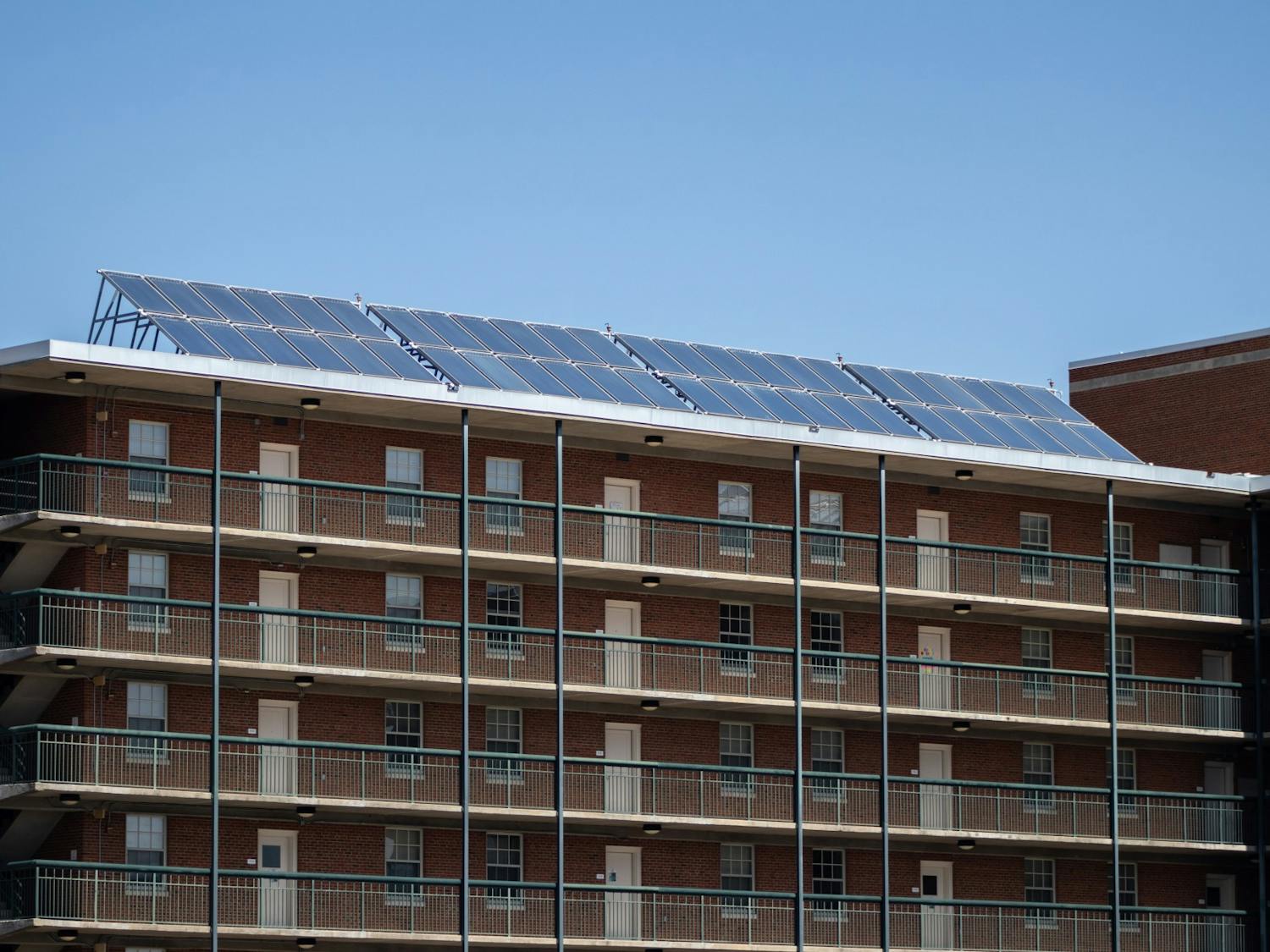 Solar panels on the top of Morrison Residence Hall in Chapel Hill, NC, as photographed on Sunday, March 27th. In North Carolina, there are over 19,000 installed solar energy systems.
