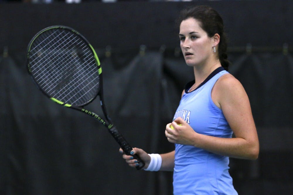 Jamie Loeb prepares to serves in a match against Duke in April. Loeb finished the 2014-15 season by winning an NCAA singles championship.