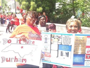 DPS custodians like Deborrah Bailey (right) attend the 2018 NC Public Schools Teacher Rally in Raleigh Day of Advocacy to fight to become in-house district employees rather than contracted. Photo courtesy of Deborrah Bailey.