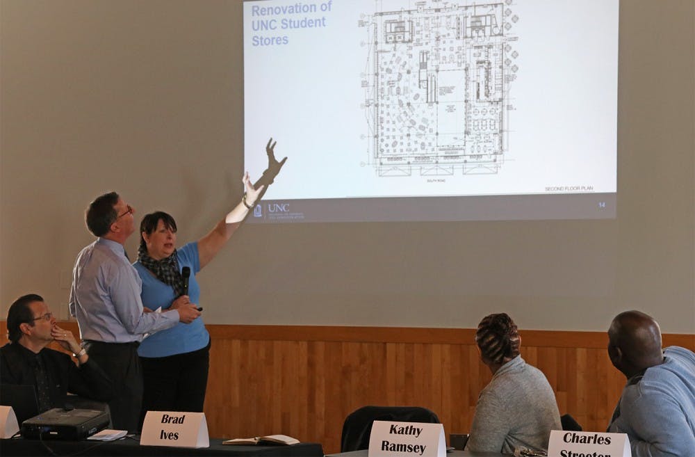 Michelle Gretch-Carter and Brad Ives point towards the floor plans for the Student Stores renovations.  