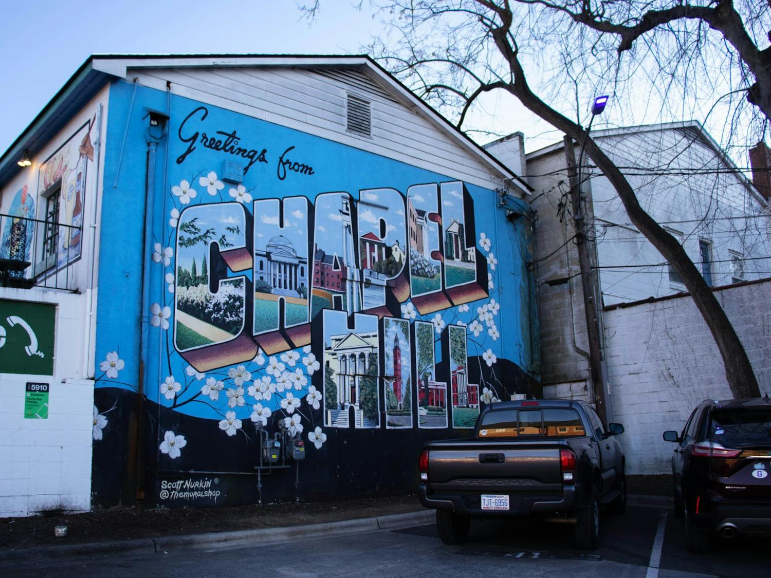 The "Greetings From Chapel Hill" mural can be found just off Rosemary Street, pictured here on Feb. 7, 2023.