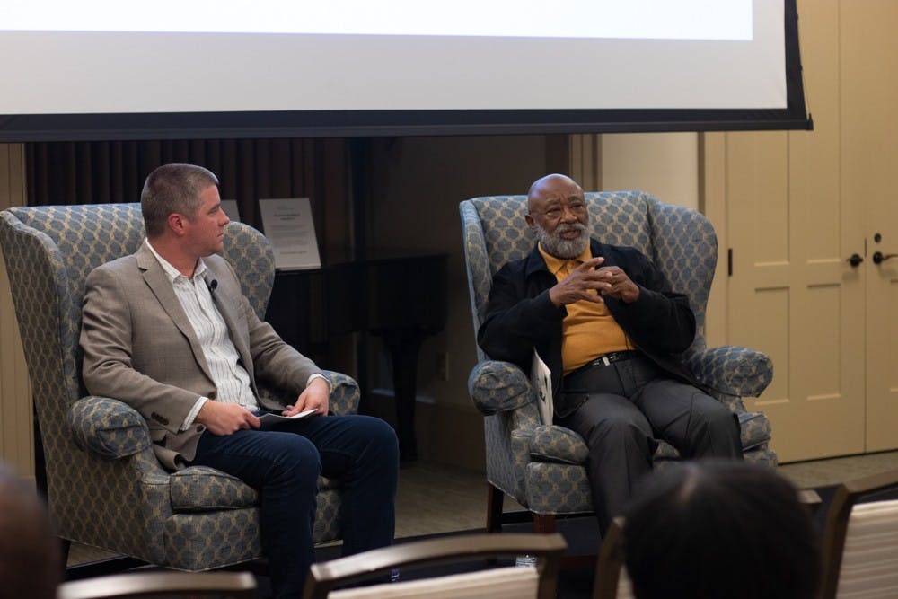 Minister Robert Campbell speaks with Journalist Mike Ogle and shares stories of growing up in a segregated Chapel Hill with his childhood friend, James Cates. The Center for the Study of the American South held a panel honoring Cates's life and untimely murder in Hyde Hall on Thursday, Nov. 14, 2019.
