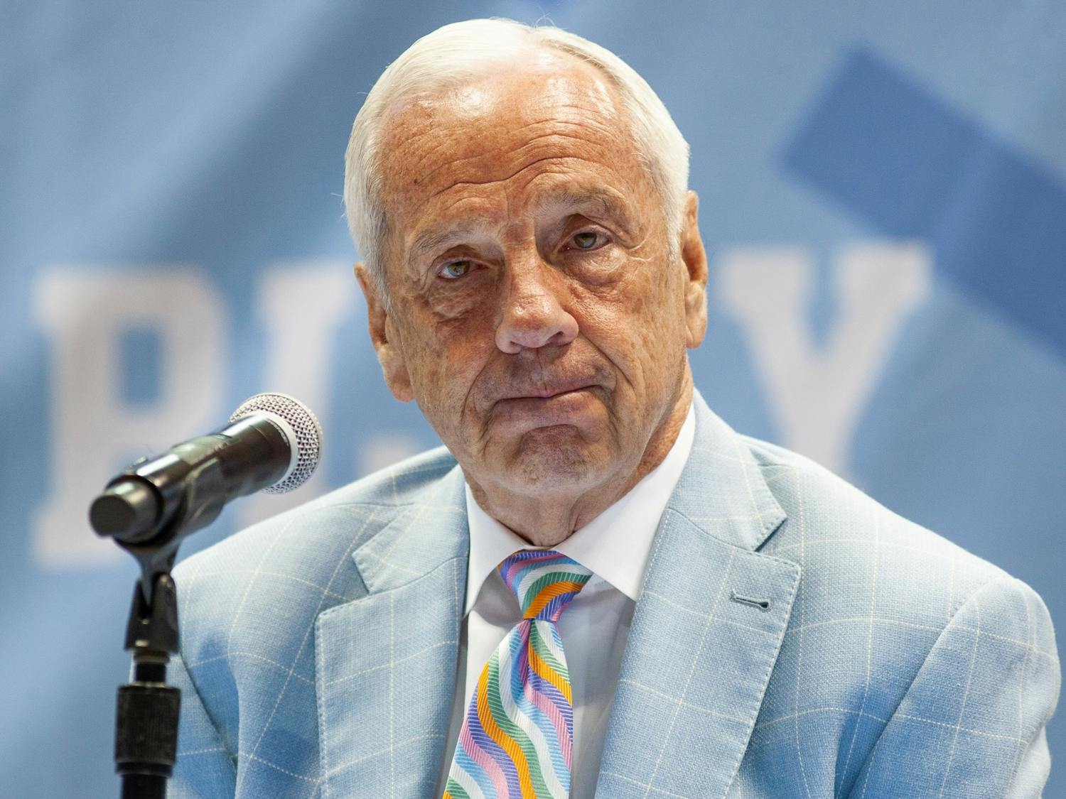 UNC head coach Roy Williams tears up during his retirement announcement  press conference in the Smith Center on April 1, 2021. "I no longer feel that I am the right man for the job," said Williams on the decision.