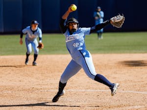 UNC junior pitcher Hannah George (42) makes a throw in Anderson Softball Stadium in Chapel Hill, NC on Feb. 20, 2021. The Syracuse Orange beat the Tar Heels 3-2.