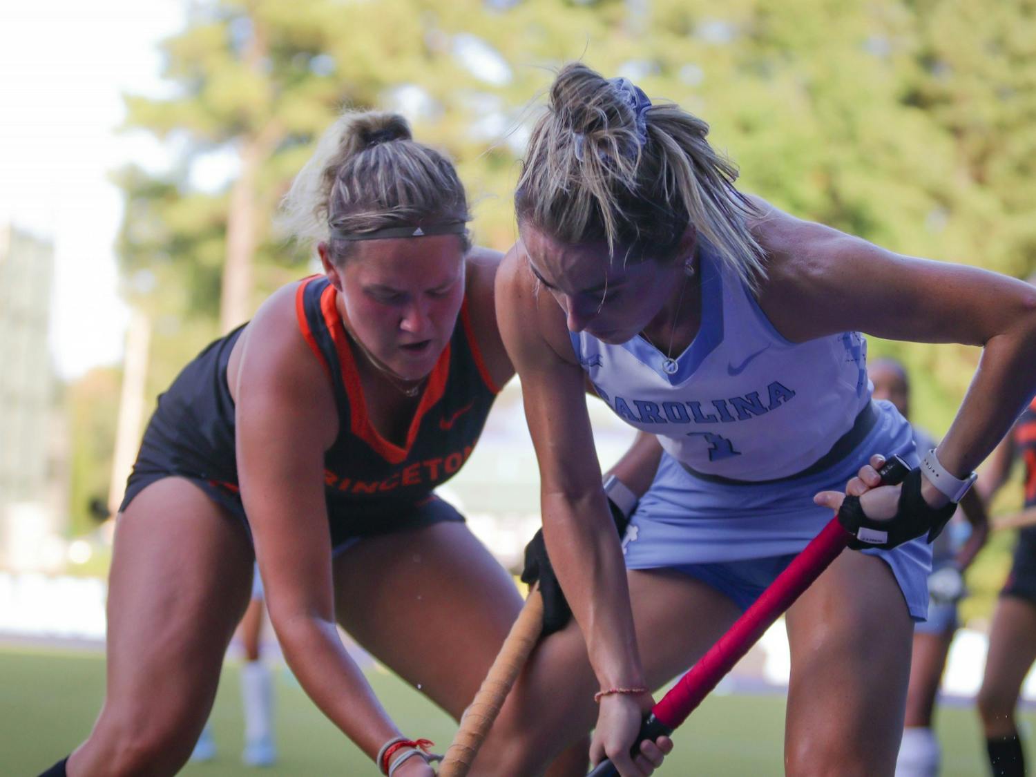 Fifth-year senior forward Erin Matson (1) clashes with Princeton defense as she attempts to keep the ball in line. UNC beat Princeton at home 4-3 on Friday, Sept. 2, 2022.