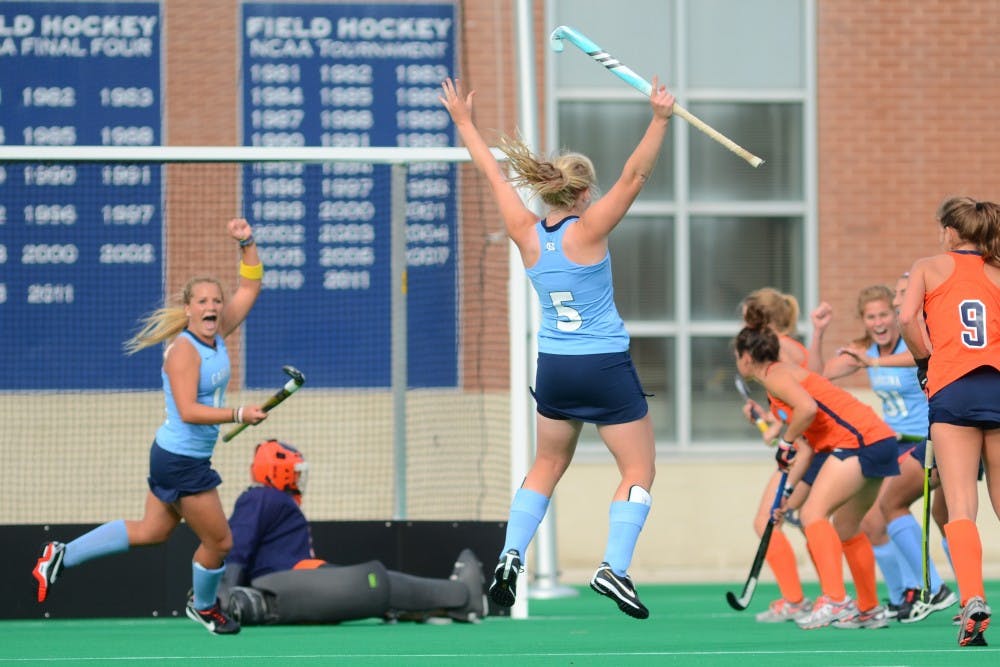 UNC Sophomore Charlotte Craddock (5) reacts after scoring a goal.