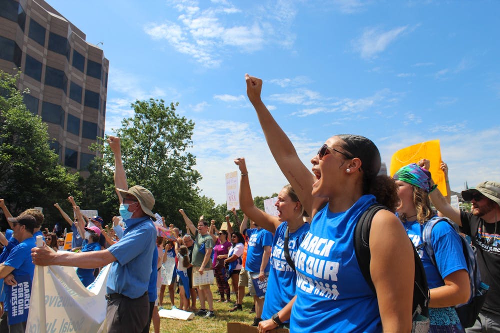<p>Protestors gathered in Raleigh on Saturday, June 11, 2022, for a March for Our Lives protest, urging legislators to take action after another school shooting last month in Uvalde, Texas.</p>