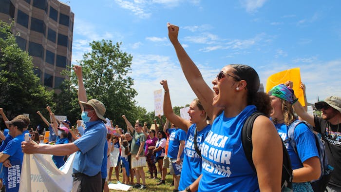 Protestors gathered in Raleigh on Saturday, June 11, 2022, for a March for Our Lives protest, urging legislators to take action after another school shooting last month in Uvalde, Texas.