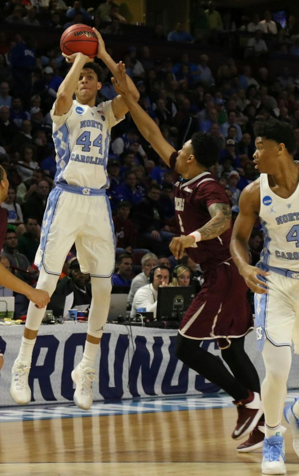 North Carolina wing Justin Jackson (44) pulls up for a three-pointer against Texas Southern in the first round of the NCAA Tournament in Greenville on Friday.