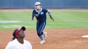 UNC junior outfielder Bri Stubbs (27) runs towards third base during a home game against N.C. Central at Anderson Stadium on Wednesday, Apr. 20, 2022.
