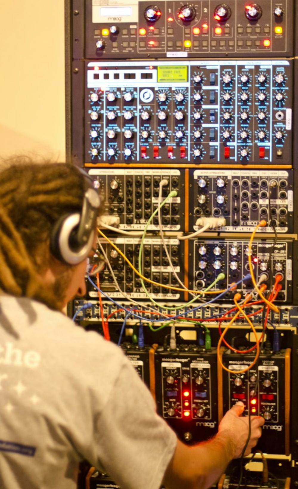 	<p>A rack of Moogerfloogers and other Moog gear up for demonstration at the Moogaplex, one of Moogfest 2011&#8217;s indoor venues. </p>