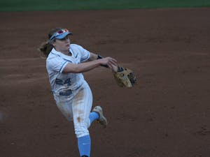 Sophomore middle infield player Skyler Brooks (24)  throws the ball during a UNC softball game against the University of Michigan on Tuesday, Mar. 1 2022. The Tar Heels lost 0-8.