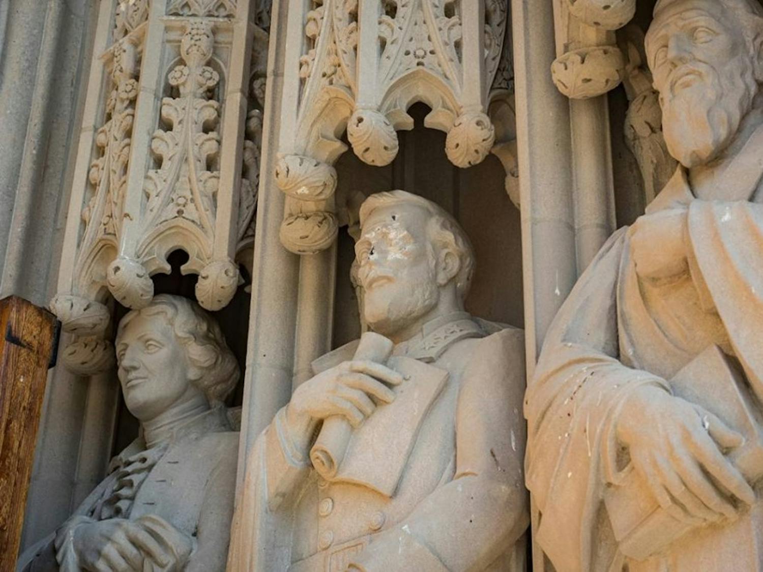 A statue of Confederate Gen. Robert E. Lee at Duke Chapel was recently removed after being defaced Thursday morning. Courtesy of William Snead/Duke Photography
