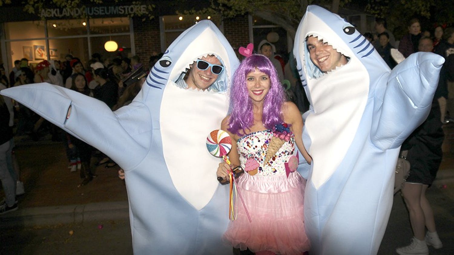 Halloween festivities on Franklin Senior Gary allen (Exercise of Sports), Holli Mattocks from Durham and Freshman Josh Mattocks (Biology and Philosophy double major) dressed up as Katy Perry and her two shark dancers from her 2015 Super Bowl performance.