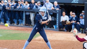 UNC freshman utility Alex Brown (5) bats during a home game against N.C. Central at Anderson Stadium on Wednesday, Apr. 20, 2022.