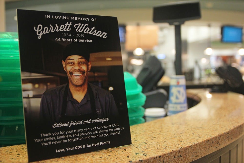 Carolina Dining Services put up a plaque in the front of Rams Dining Hall in memory of Garrett Watson. 
