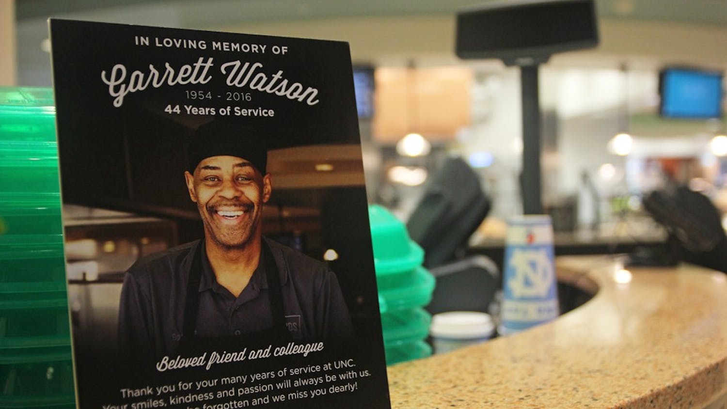 Carolina Dining Services put up a plaque in the front of Rams Dining Hall in memory of Garrett Watson. 
