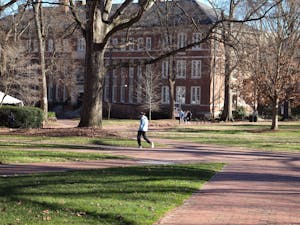 A student walks across Polk Place on Saturday, Jan. 8, 2022, two days before the first day of classes. 