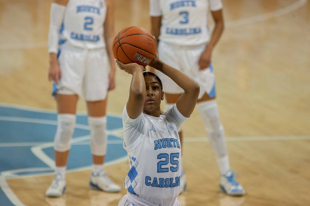 First year guard Deja Kelly (25) prepares to make a free throw during the game against Syracuse in Carmichael Arena on Thursday, Dec. 17, 2020. UNC beat Syracuse 92-68.