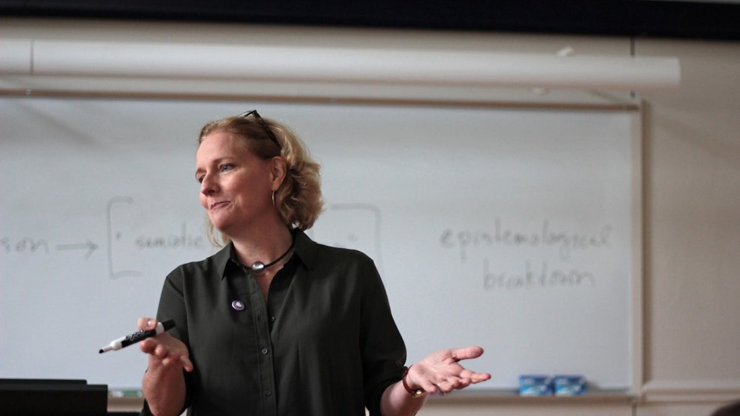Jane Thrailkill, Associate Professor of English & Comparative Literature, teaches a class.