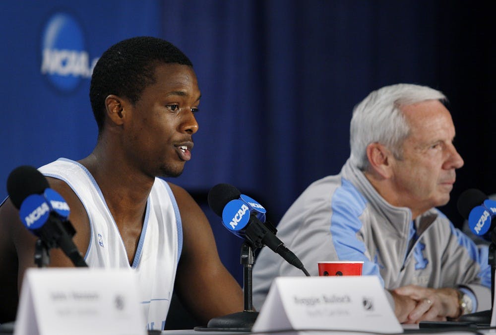 UNC forward Harrison Barnes answers a question during a press conference Saturday. UNC will take on Kansas in the Elite 8 round of the NCAA Tournament on Sunday at the Edward Jones Dome in St. Louis. 