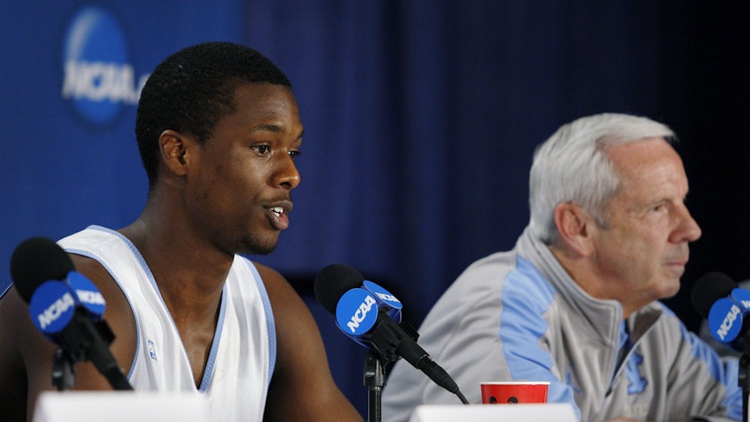 UNC forward Harrison Barnes answers a question during a press conference Saturday. UNC will take on Kansas in the Elite 8 round of the NCAA Tournament on Sunday at the Edward Jones Dome in St. Louis. 
