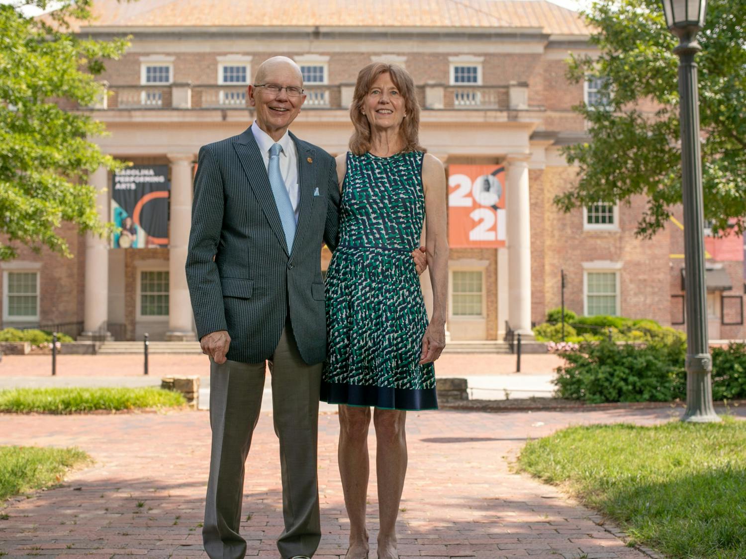 James and Susan Moeser stand outside of Carolina Performing Arts' Memorial Hall. Photo courtesy of University Development.