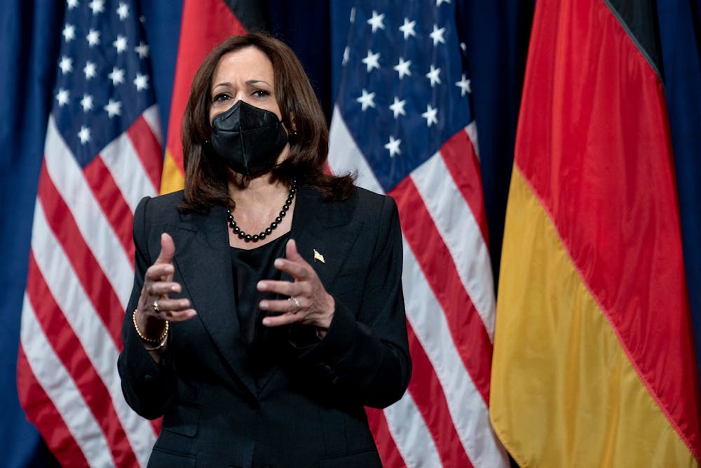 US Vice President Kamala Harris speaks to members of the media at her hotel after attending the Munich Security Conference (MSC), on February 20, 2022, in Munich, southern Germany. During the 58th Munich Security Conference running from February 18-20, 2022, international diplomats and experts meet to discuss topics such as global order, human and transnational security, defense, and sustainability. Photo courtesy of Andrew Harnik/POOL/AFP via Getty Images/TNS.