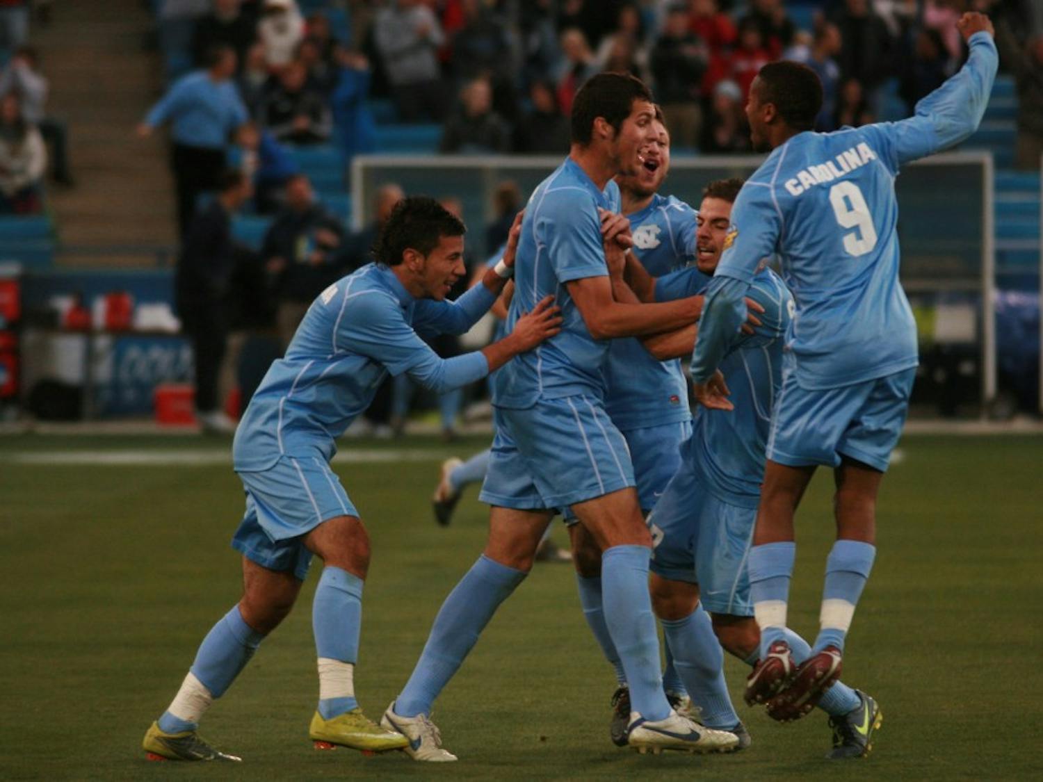 	North Carolina celebrates Ben Speas&#8217; goal. It was his seventh of the season and would go on to be the game-winner in the College Cup national championship match.