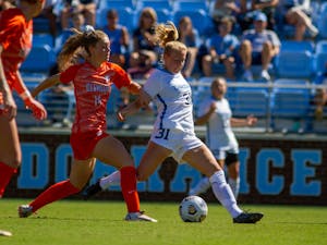 UNC freshman midfielder Annika Huhta (31) maintains possession of the ball the ball during a home game against Clemson at Dorrance Field on Sept. 26. UNC won 3-0.