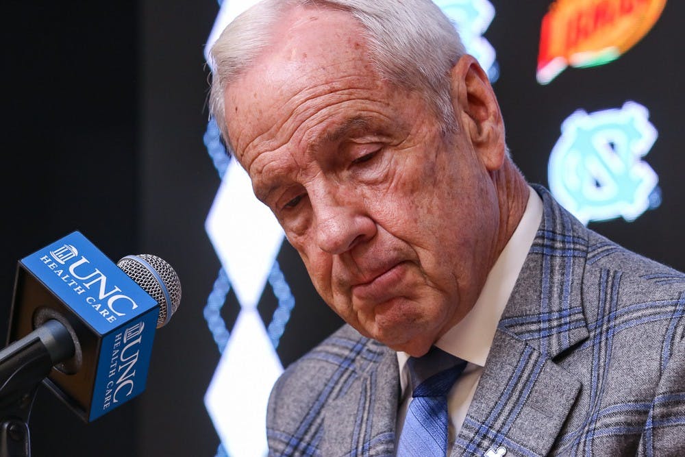 UNC's men's basketball coach Roy Williams speaks to press members after a game against Boston College in the Smith Center on Saturday, Feb. 1, 2020. UNC fell to Boston College by just one point in the last minutes of the game, making the final score 71-70.
