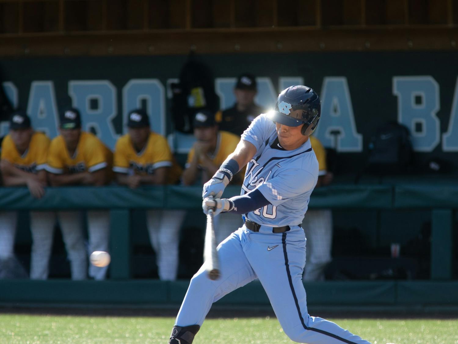 Junior outfielder Angel Zarate (40) connects with the ball during the first inning of UNC's NCAA Regional against VCU at Boshamer Stadium on June 6, 2022.