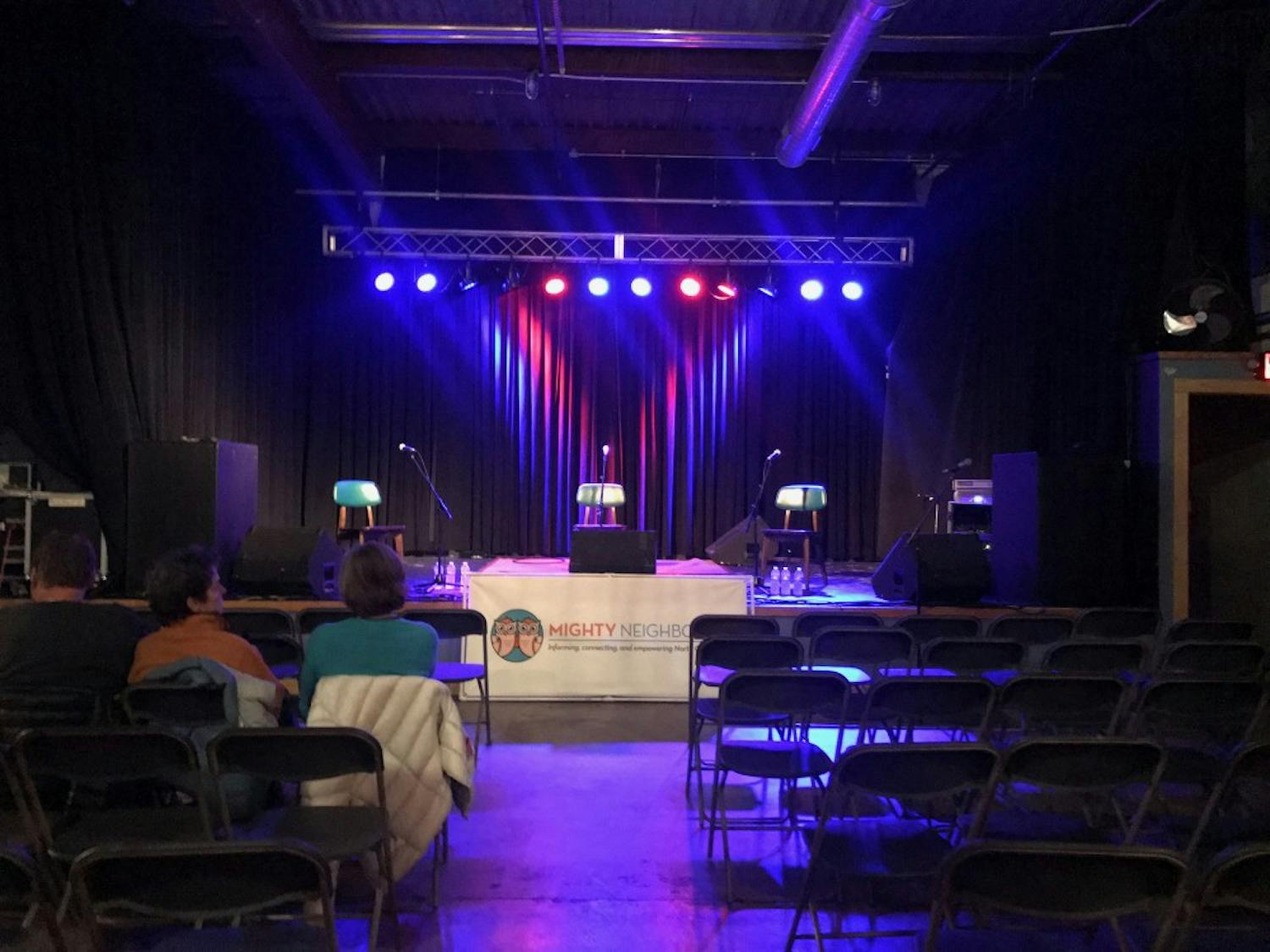 The stage is set for the Carrboro Mayoral Debate, held at Cat's Cradle.&nbsp;