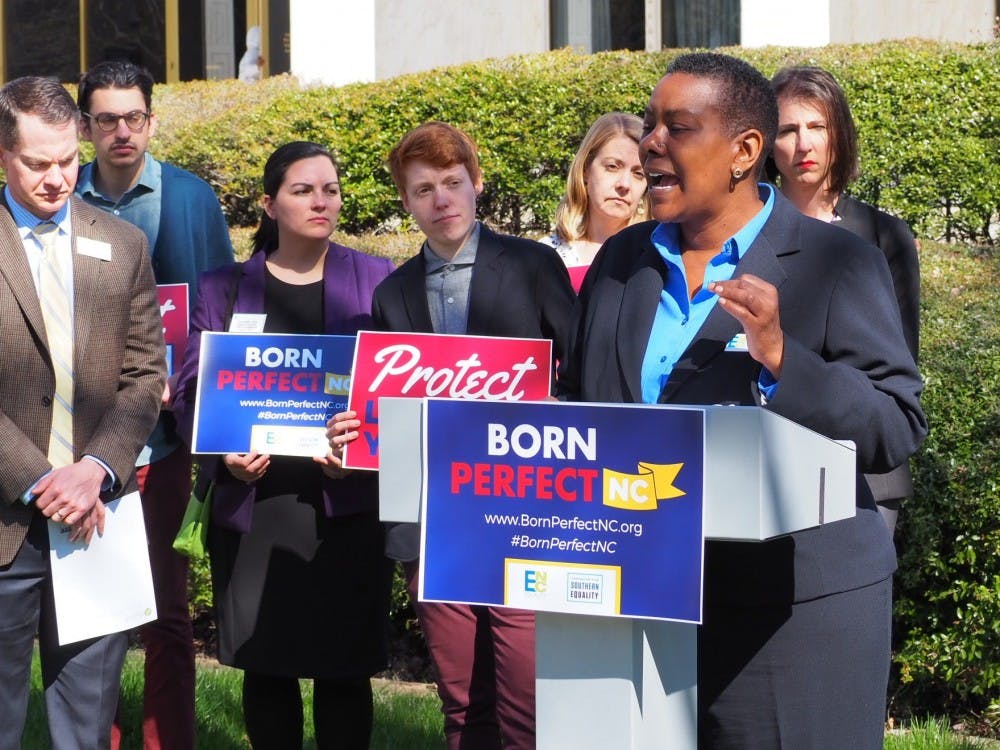 Kendra Johnson, executive director of Equality NC, speaks about the importance of HB 516, which would ban conversion therapy. The press conference was at the North Carolina State Legislature building on Thursday, March 28, 2019.