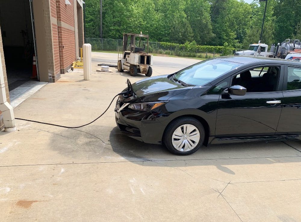 One of the electric cars that is set to be joining Chapel Hill Transit’s fleet is charging. Photo courtesy of Brian M. Litchfield.