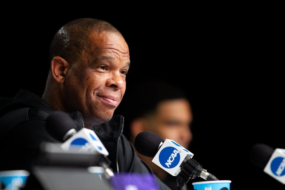 <p>Hubert Davis, head coach of North Carolina basketball, speaks at a press conference on Sunday, April 3, 2022, ahead of the NCAA championship game against Kansas in New Orleans.&nbsp;</p>