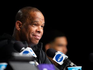 Hubert Davis, head coach of North Carolina basketball, speaks at a press conference on Sunday, April 3, 2022, ahead of the NCAA championship game against Kansas in New Orleans.&nbsp;