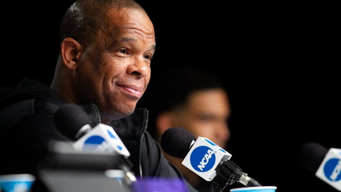 Hubert Davis, head coach of North Carolina basketball, speaks at a press conference on Sunday, April 3, 2022, ahead of the NCAA championship game against Kansas in New Orleans.&nbsp;
