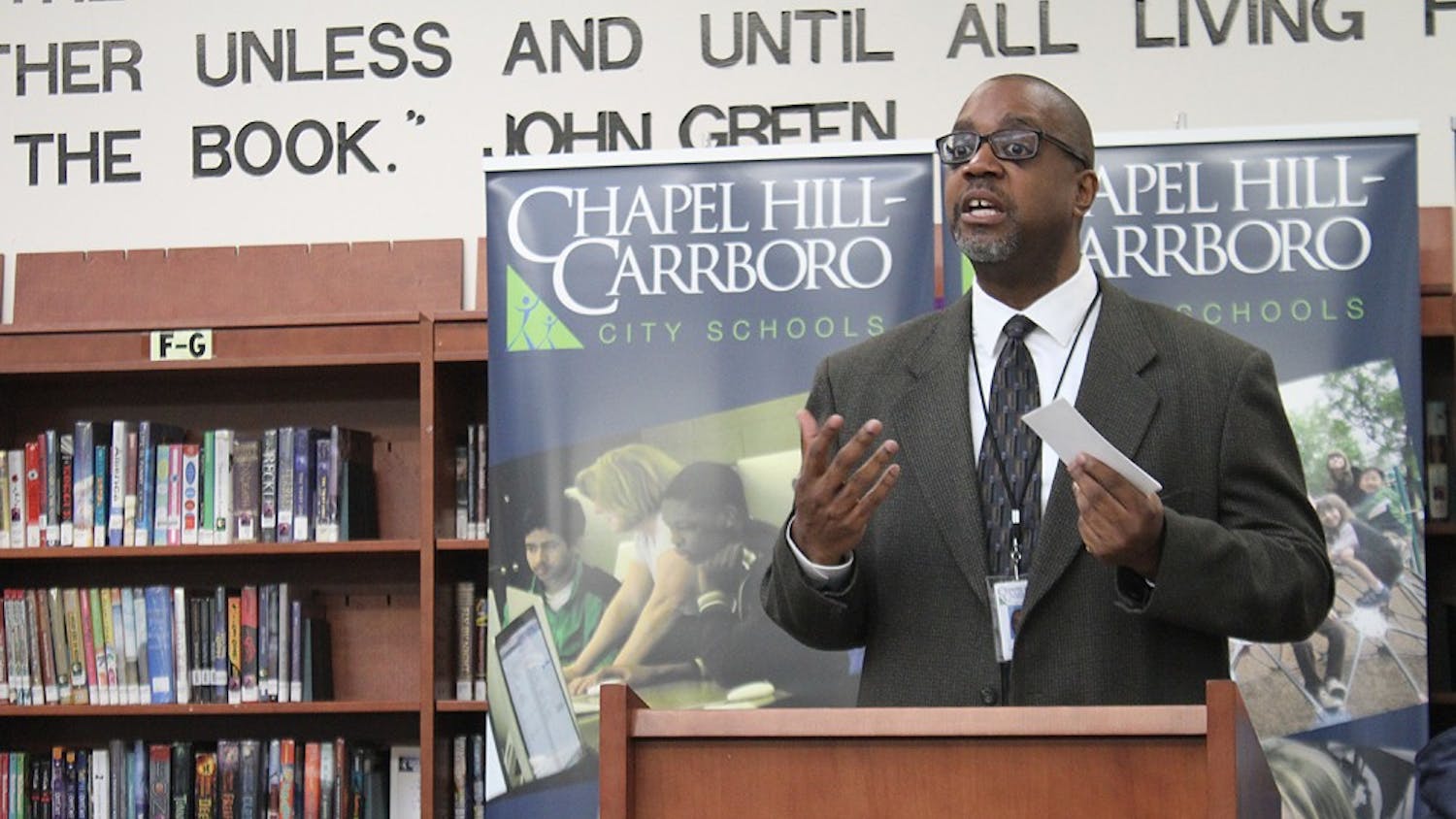 Darren Bell, creator of Chapel Hill Carrboro City School's Community Connection Program speaks at Smith Middle School on Feb. 5.