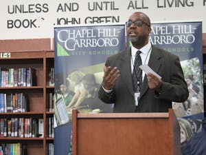 Darren Bell, creator of Chapel Hill Carrboro City School's Community Connection Program speaks at Smith Middle School on Feb. 5.