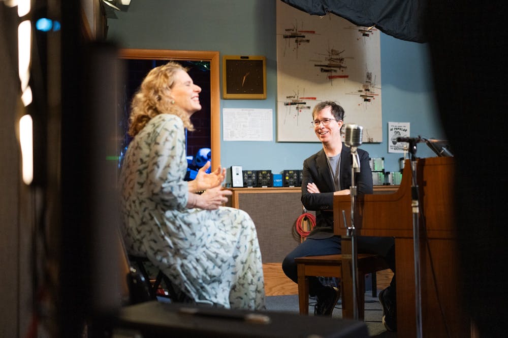 <p>Ben Folds speaks with North Carolina's First Lady, Kristin Cooper, at the Keys For Kids livestream at Osceola Recording Studio in Raleigh, NC on Monday, July 11, 2022.</p>