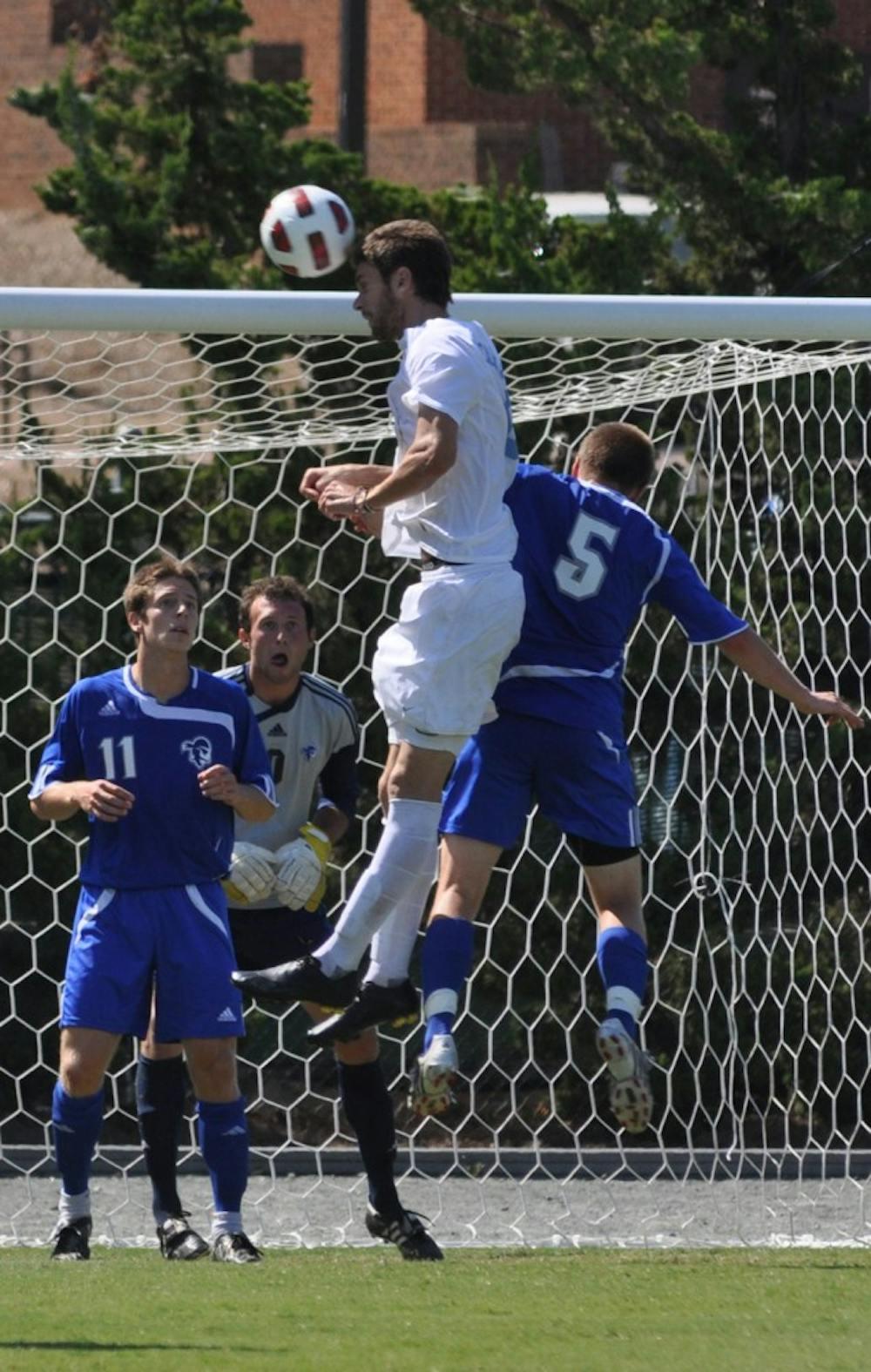 Stephen McCarthy goes up for a header against Seton Hall on Sunday. McCarthy scored UNC’s third goal against the Pirates in a rebound win after Friday’s home loss to the No. 1 Akron Zips.