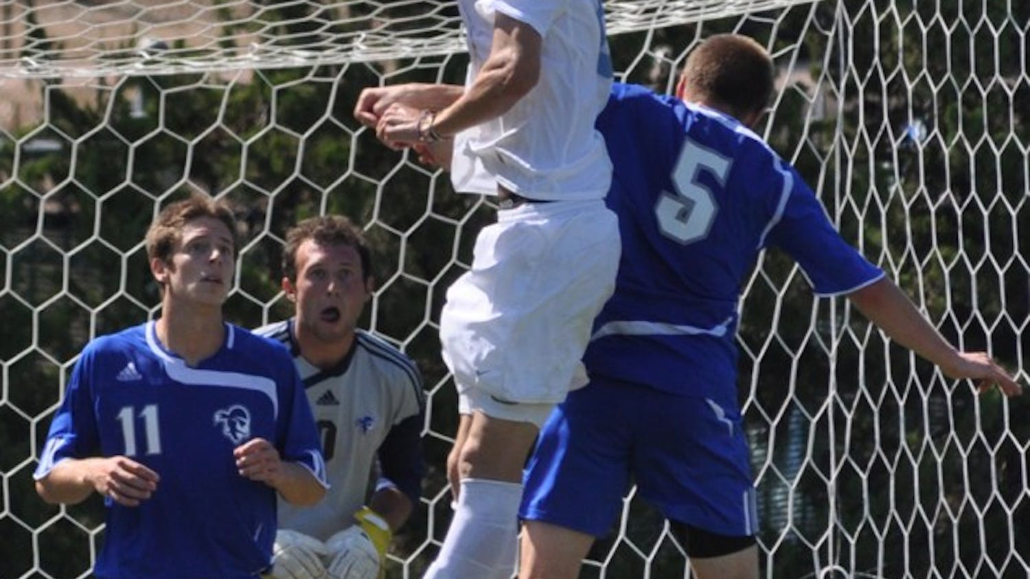 Stephen McCarthy goes up for a header against Seton Hall on Sunday. McCarthy scored UNC’s third goal against the Pirates in a rebound win after Friday’s home loss to the No. 1 Akron Zips.