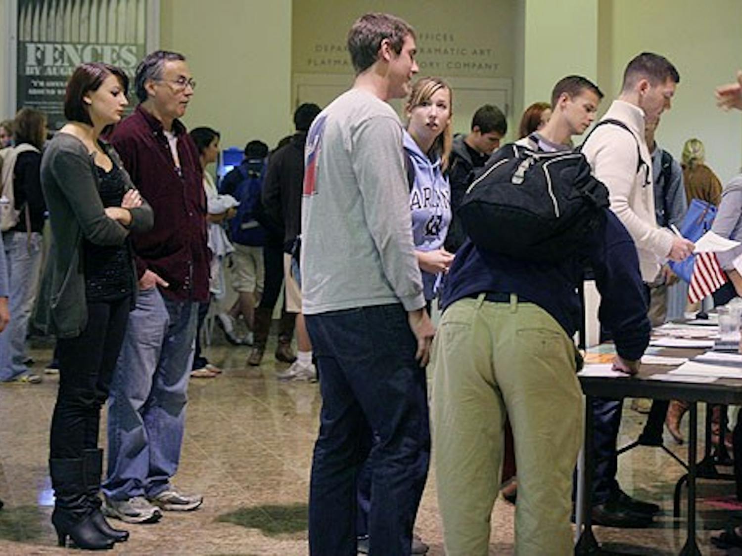 Though many students found the voting location confusing Tuesday, voting was actually taking place at the Center for Dramatic Art, not Morehead Planetarium. Once inside, the confusion continued as students had difficulty figuring out which line to stand in. 