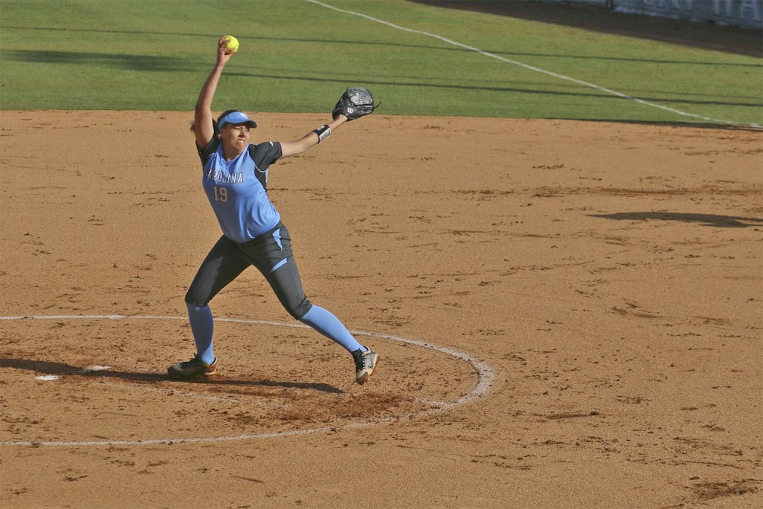 Freshman pitcher Kaylee Carlson pitched a complete game against Virginia Tech in game one of a doubleheader.