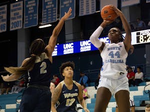 Junior center Janelle Bailey (44) shoots a free throw during the exhibiton game against Wingate in the Carmichael Arena on Saturday, Nov. 2, 2019. UNC won 82-37.