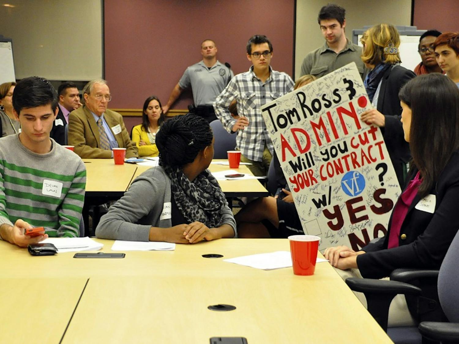 Student Action with Workers (SAW) is a campus organization which aims to earn safe, fair working conditions for workers in UNC apparel. On Wednesday evening, a group of students from SAW attend a forum with Tom Ross, president of the UNC system, to discuss working conditions for workers in Bangladesh and the Bangladeshi safety accord.