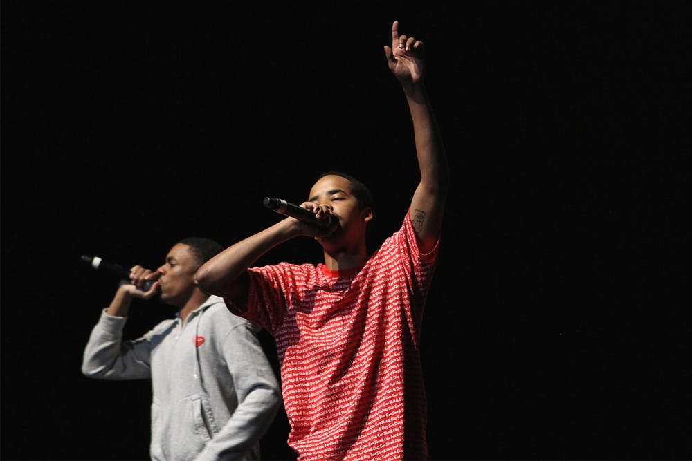 Earl Sweatshirt (in red) and Vince Staples (in gray) performed in UNC's 2014 Homecoming Concert at Memorial Hall on Wednesday. Sweatshirt is known as part of the alternative rap collective Odd Future Wolf Game Kill Them All. 
