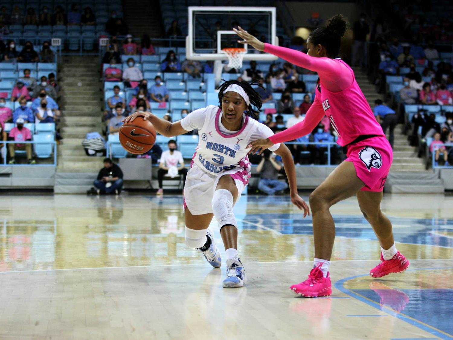 Sophomore guard Kennedy Todd-Williams (3) runs with the ball during the game against Louisville on Thursday, Feb. 17, 2022 at Carmichael Arena. UNC won 66-65.